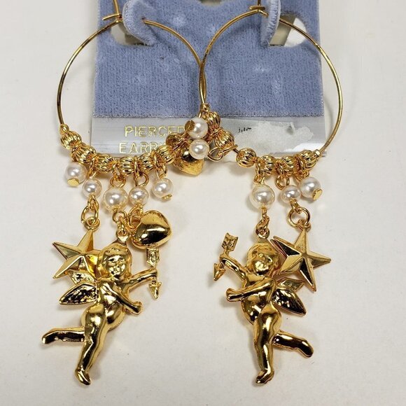 Women's Polished Gold tone Beaded Hoop Design Drop Earrings - Dangling Charms #2 - Picture 1 of 7